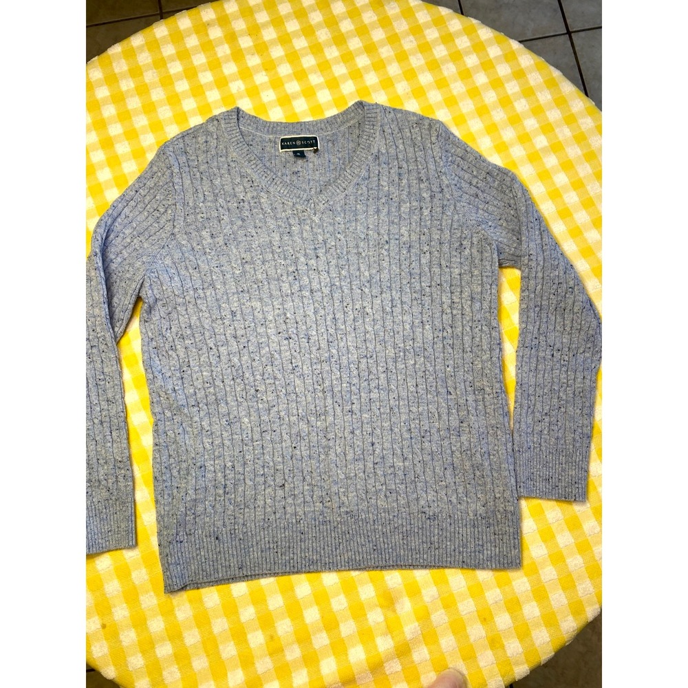 Karen Scott Womens Blue W/ Blue Specks Long Sleeve Cable Knit V-Neck Sweater EUC